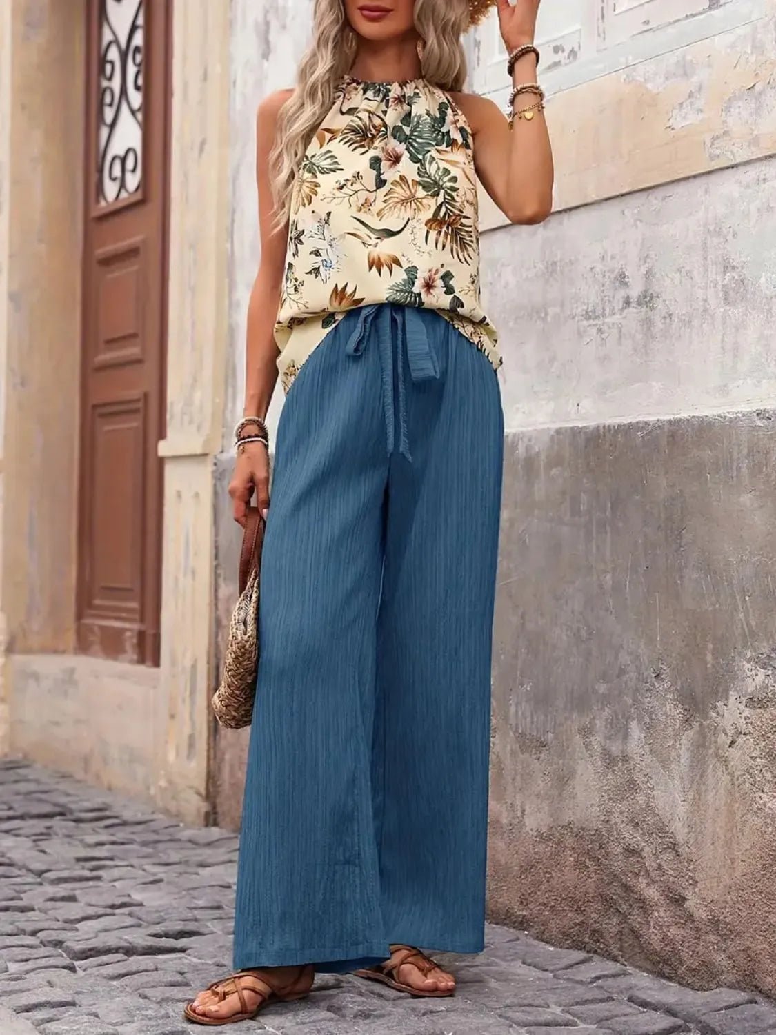 Printed Tank Top and Wide Leg Pants Set - Goddess Vibes