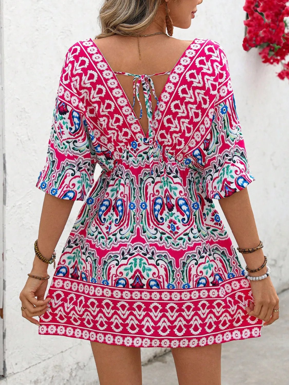 Printed Tie Back Half Sleeve Mini Dress - Goddess Vibes