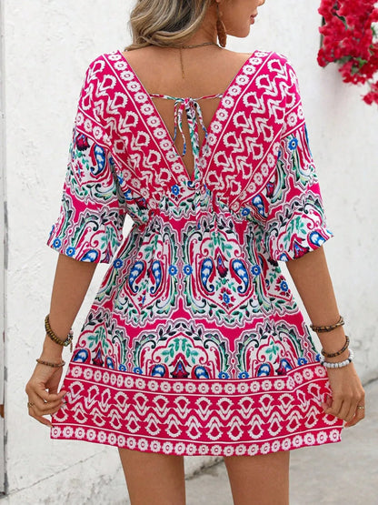 Printed Tie Back Half Sleeve Mini Dress - Goddess Vibes