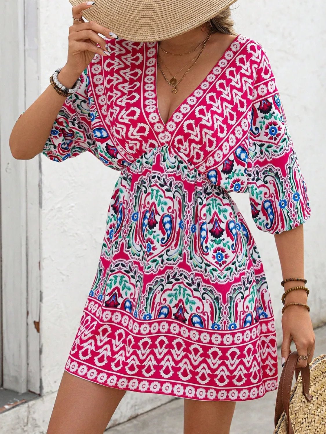 Printed Tie Back Half Sleeve Mini Dress - Goddess Vibes