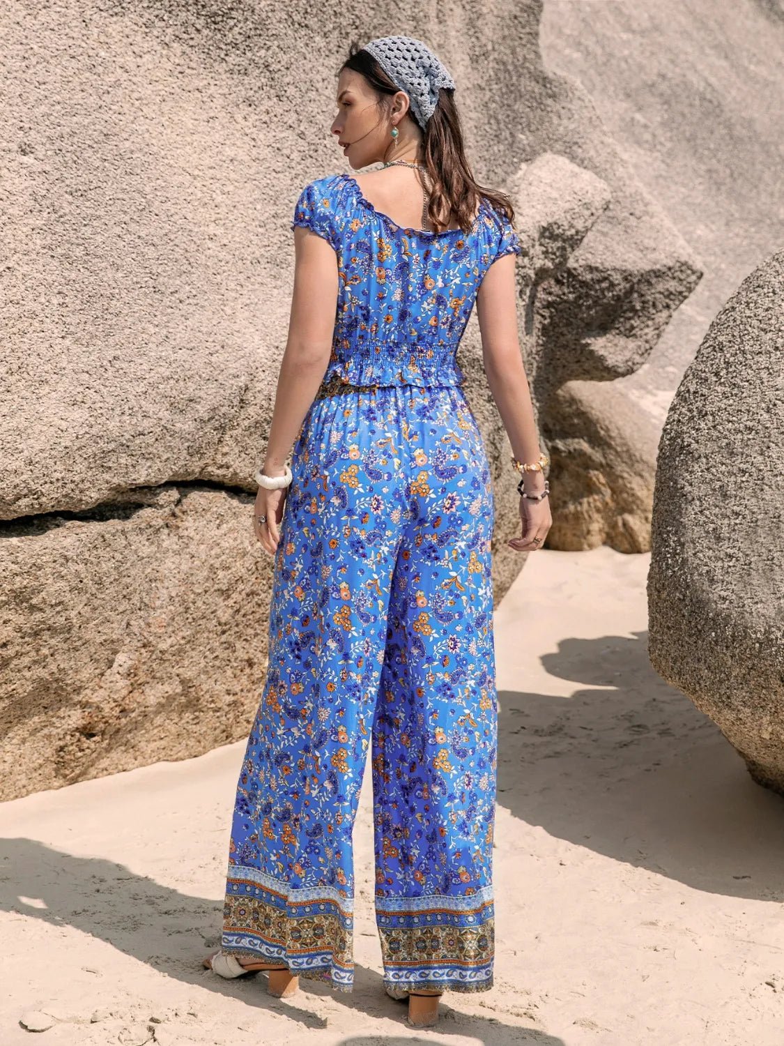 Printed V - Neck Top and Pants Set - Goddess Vibes
