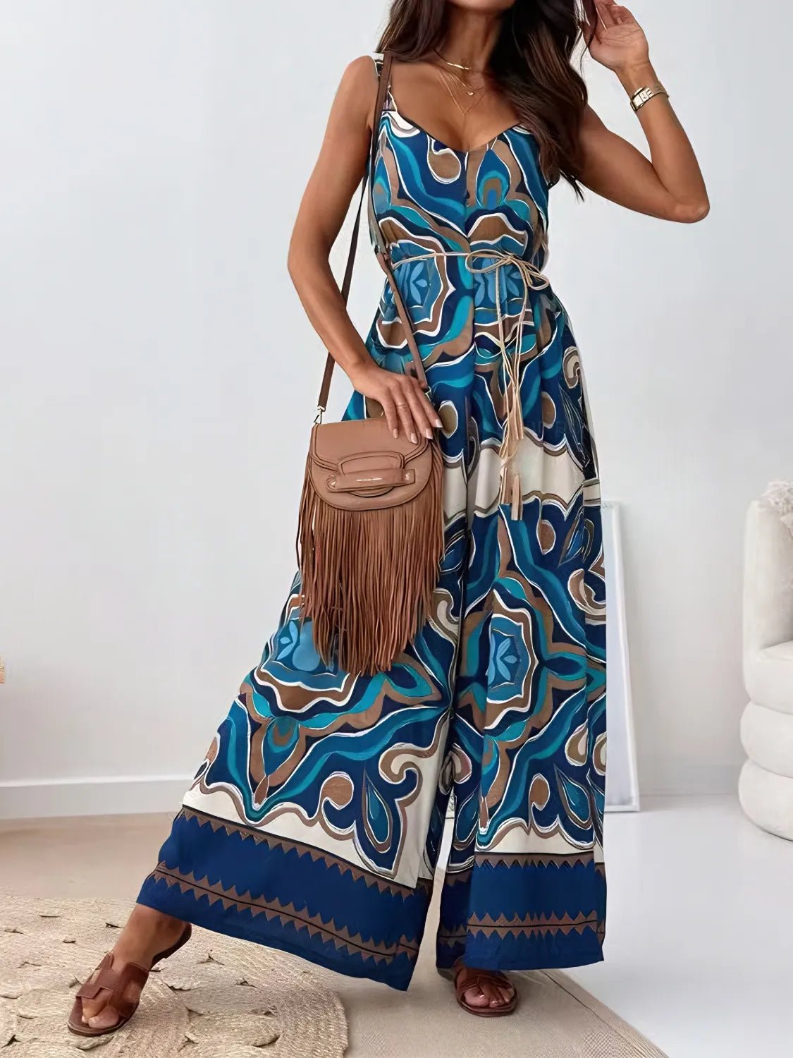 Printed V - Neck Wide Leg Jumpsuit - Crowned Energy CO.