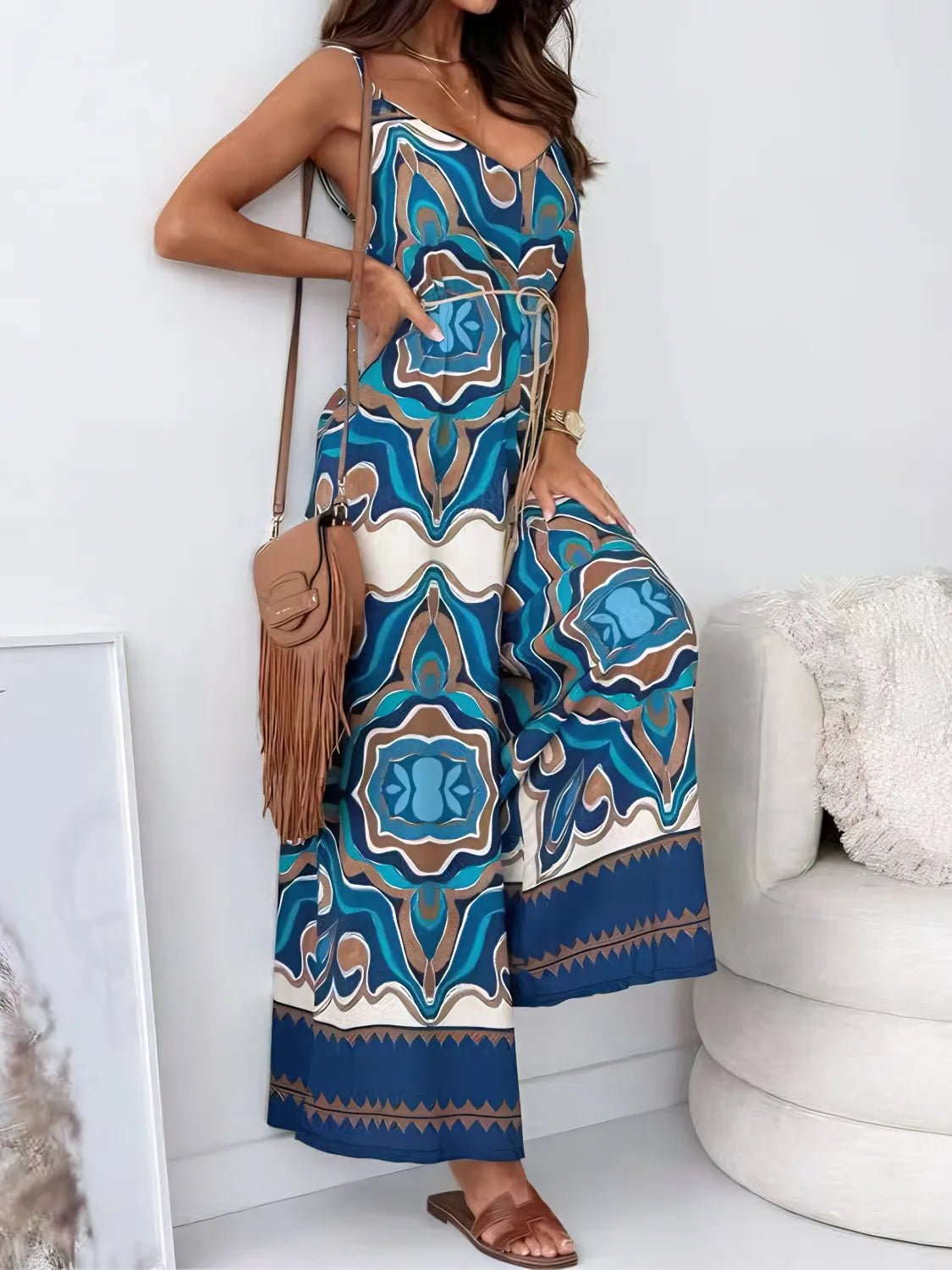 Printed V - Neck Wide Leg Jumpsuit - Crowned Energy CO.