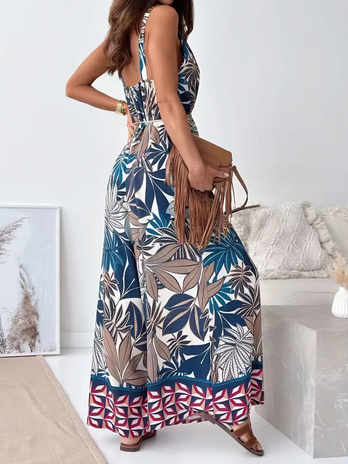 Printed V - Neck Wide Leg Jumpsuit - Crowned Energy CO.