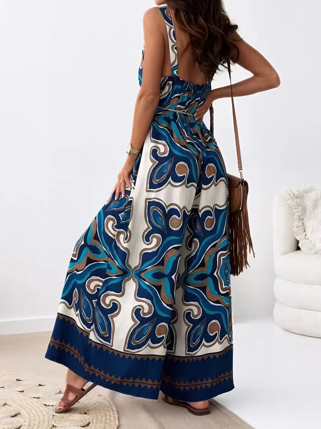 Printed V - Neck Wide Leg Jumpsuit - Crowned Energy CO.