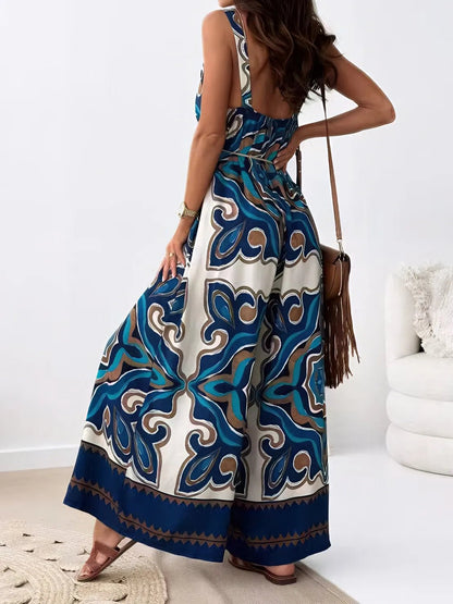 Printed V - Neck Wide Leg Jumpsuit - Crowned Energy CO.