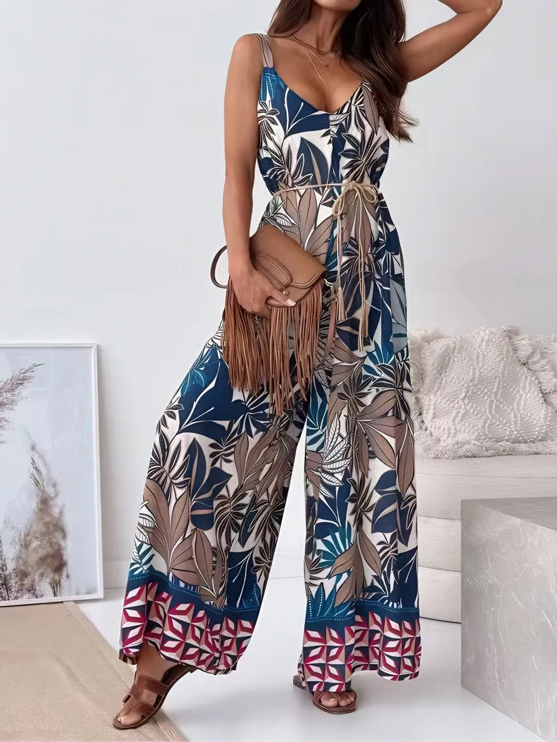 Printed V - Neck Wide Leg Jumpsuit - Crowned Energy CO.