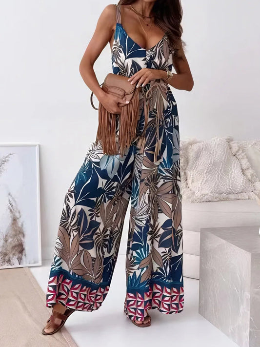 Printed V - Neck Wide Leg Jumpsuit - Crowned Energy CO.