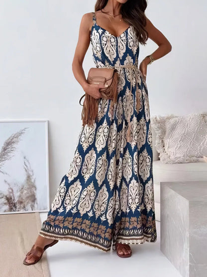 Printed V - Neck Wide Leg Jumpsuit - Crowned Energy CO.