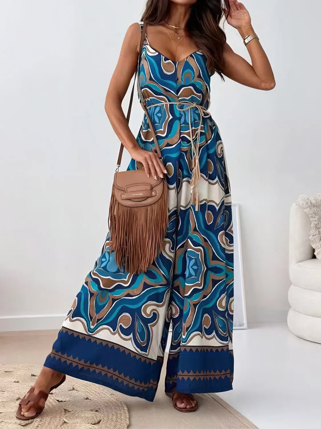 Printed V - Neck Wide Leg Jumpsuit - Crowned Energy CO.