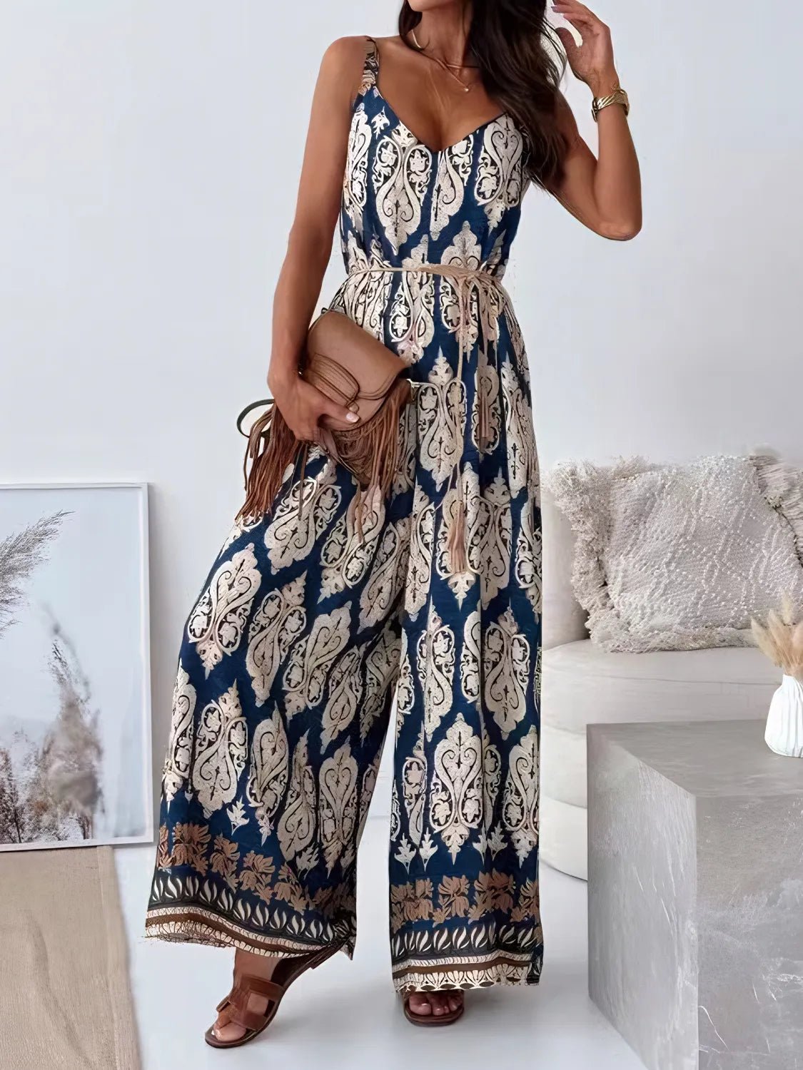 Printed V - Neck Wide Leg Jumpsuit - Crowned Energy CO.