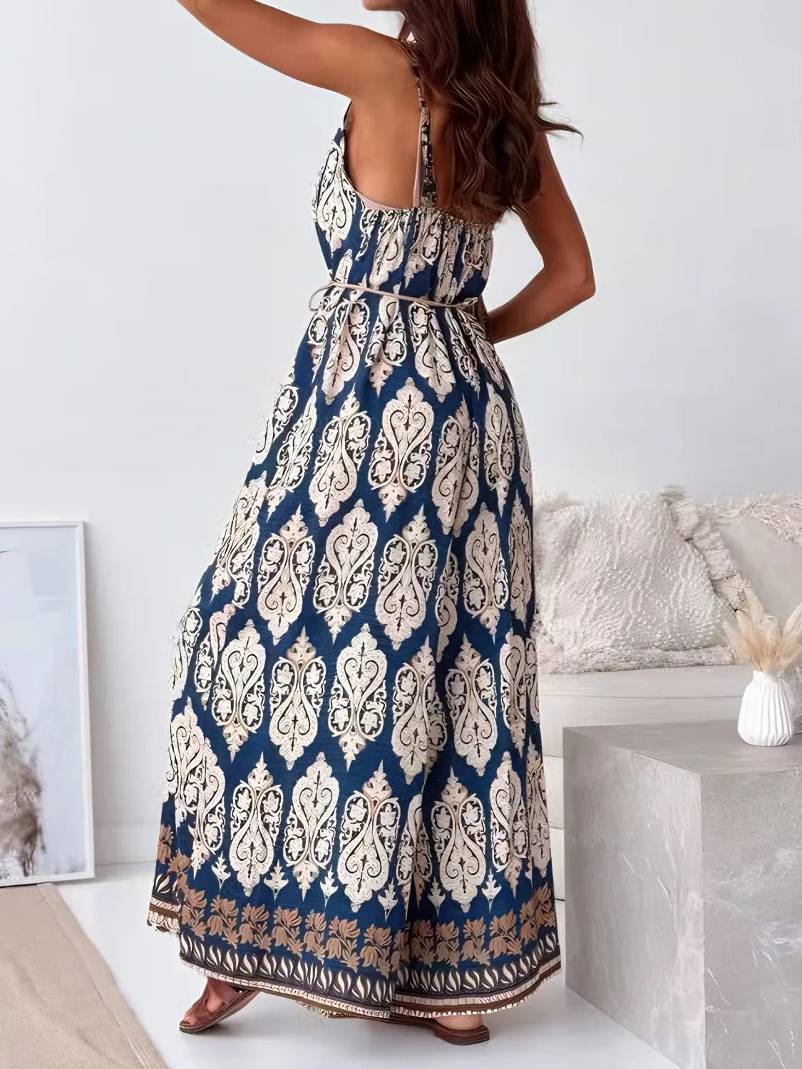 Printed V - Neck Wide Leg Jumpsuit - Crowned Energy CO.