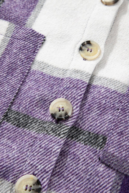 Purple Plaid Color Block Buttoned Long Sleeve Jacket with Pocket - Goddess Vibes