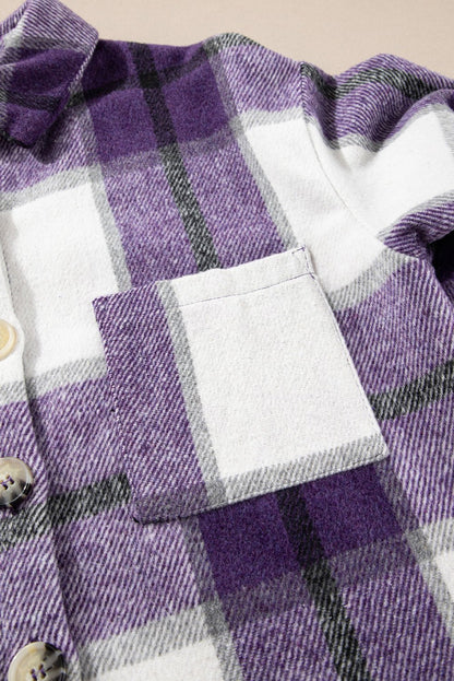 Purple Plaid Color Block Buttoned Long Sleeve Jacket with Pocket - Goddess Vibes