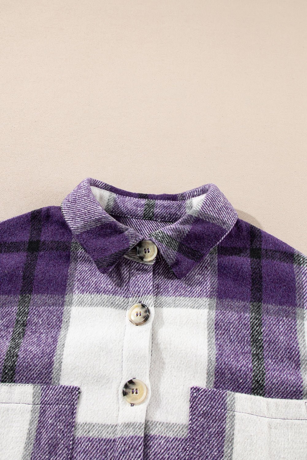 Purple Plaid Color Block Buttoned Long Sleeve Jacket with Pocket - Goddess Vibes