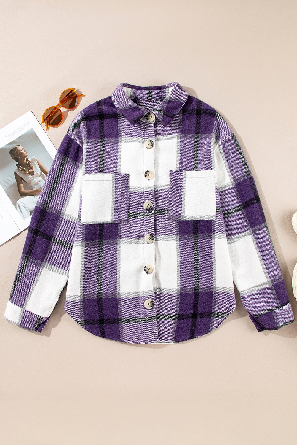 Purple Plaid Color Block Buttoned Long Sleeve Jacket with Pocket - Goddess Vibes