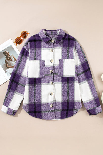 Purple Plaid Color Block Buttoned Long Sleeve Jacket with Pocket - Goddess Vibes