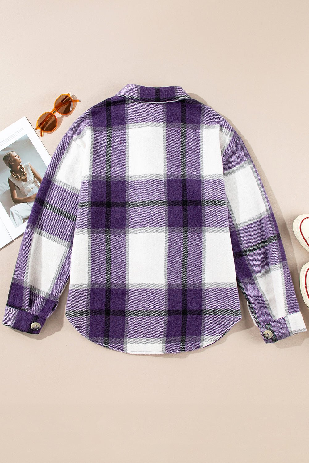 Purple Plaid Color Block Buttoned Long Sleeve Jacket with Pocket - Goddess Vibes