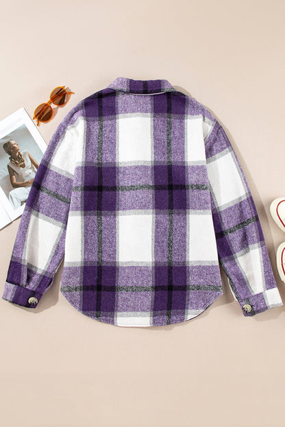 Purple Plaid Color Block Buttoned Long Sleeve Jacket with Pocket - Goddess Vibes