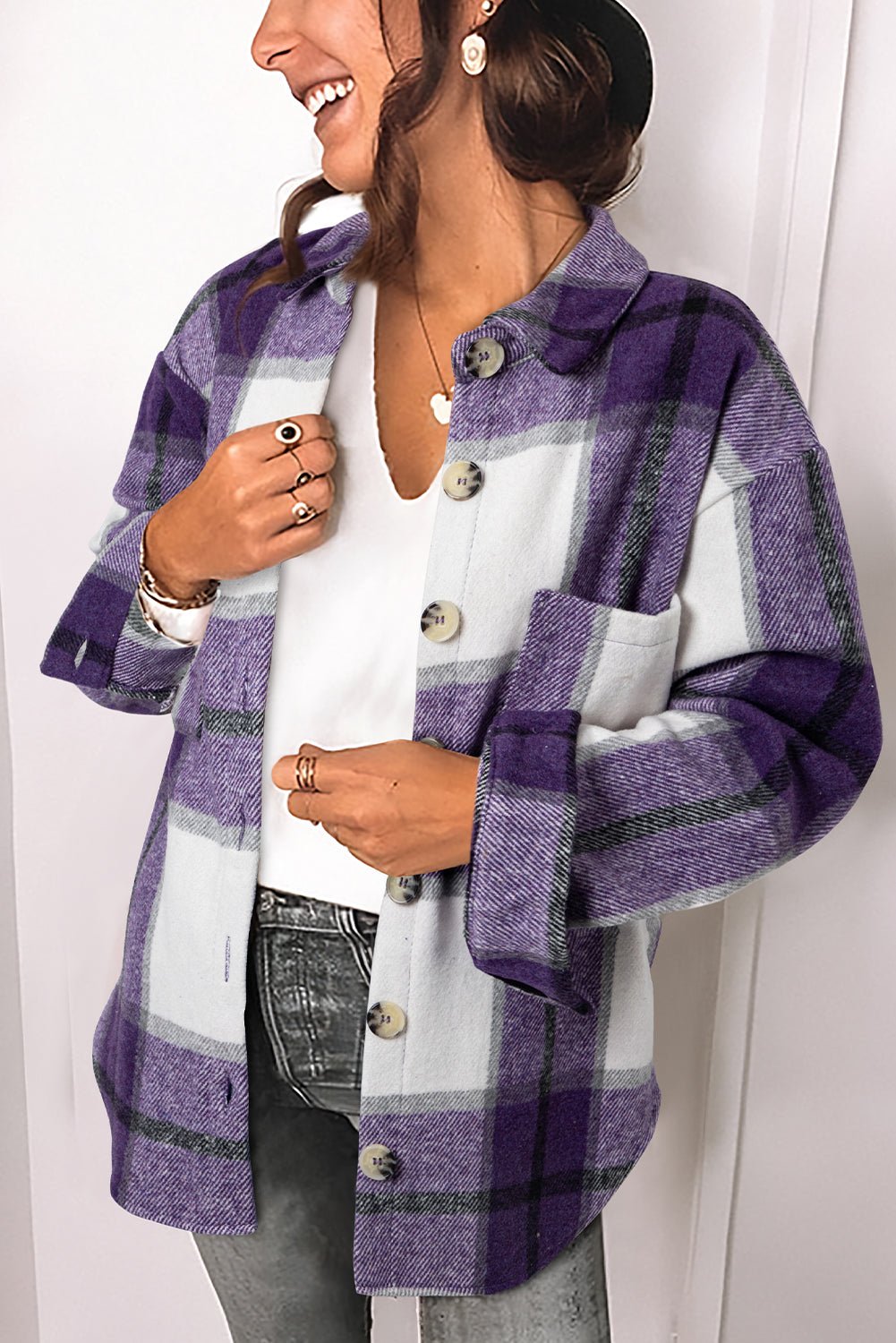 Purple Plaid Color Block Buttoned Long Sleeve Jacket with Pocket - Goddess Vibes