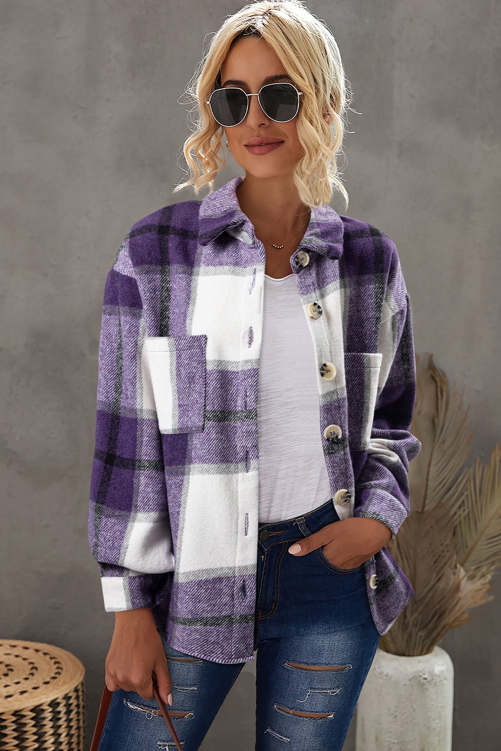 Purple Plaid Color Block Buttoned Long Sleeve Jacket with Pocket - Goddess Vibes