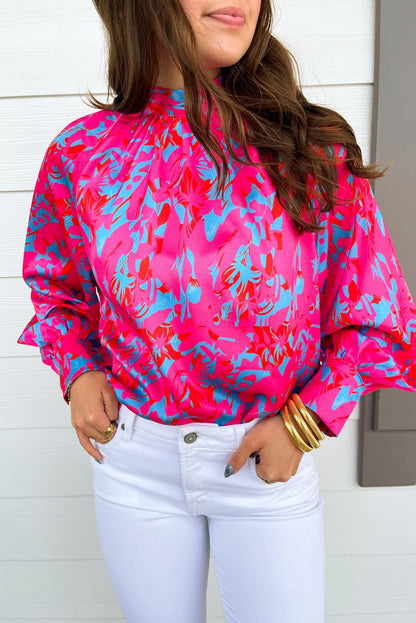 Purple Printed Bubble Sleeve Mock Neck Blouse - Goddess Vibes