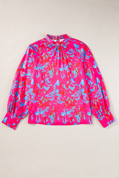 Purple Printed Bubble Sleeve Mock Neck Blouse - Goddess Vibes