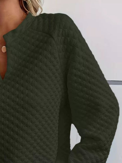 Quilted Texture Long Sleeve Sweatshirt with Notched Neck - Goddess Vibes