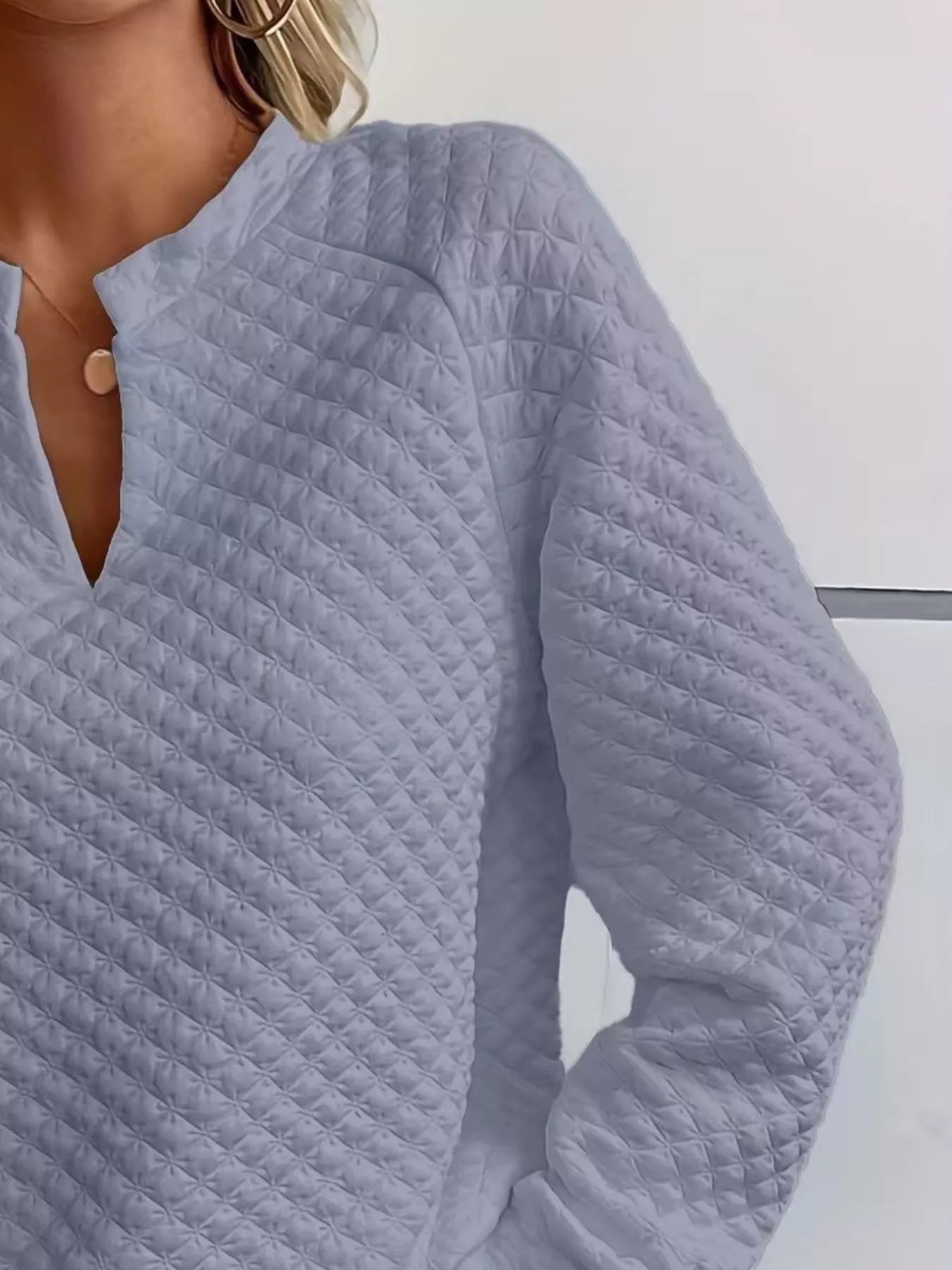 Quilted Texture Long Sleeve Sweatshirt with Notched Neck - Goddess Vibes