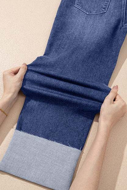 Real Teal Folded Cuffs Distressed Straight High Waist Jeans - Goddess Vibes