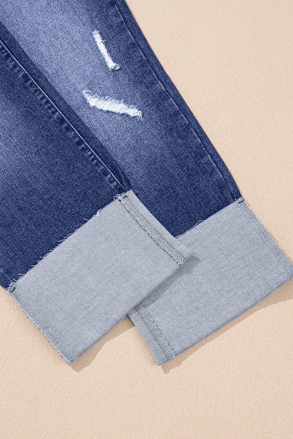 Real Teal Folded Cuffs Distressed Straight High Waist Jeans - Goddess Vibes