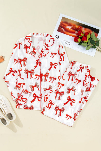 Red Christmas Bow Print Long 2pcs Pajama Set - Goddess Vibes