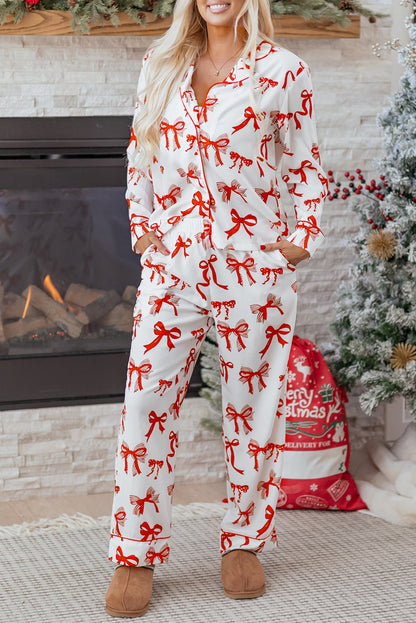 Red Christmas Bow Print Long 2pcs Pajama Set - Goddess Vibes