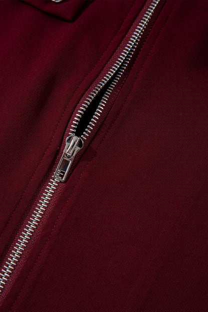 Red Dahlia Collar Tab Sleeve Zip Up Flap Detail Jacket - Crowned Energy CO.