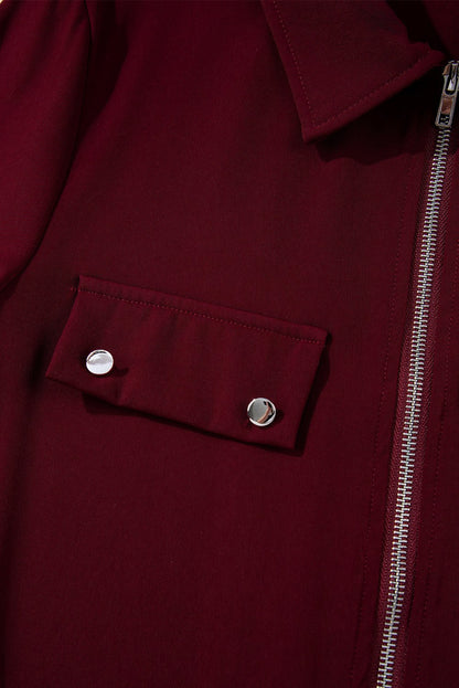 Red Dahlia Collar Tab Sleeve Zip Up Flap Detail Jacket - Crowned Energy CO.