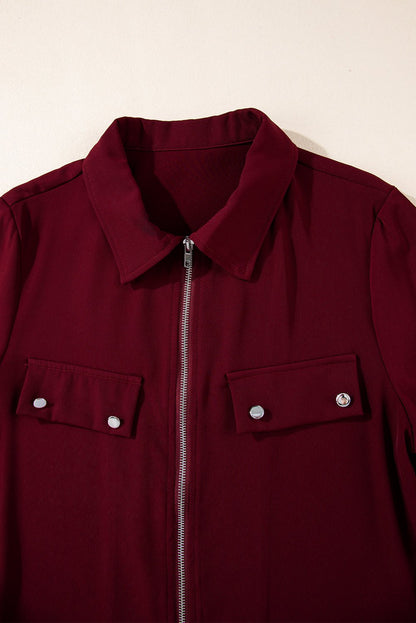 Red Dahlia Collar Tab Sleeve Zip Up Flap Detail Jacket - Crowned Energy CO.