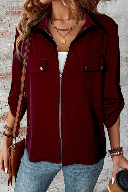 Red Dahlia Collar Tab Sleeve Zip Up Flap Detail Jacket - Crowned Energy CO.