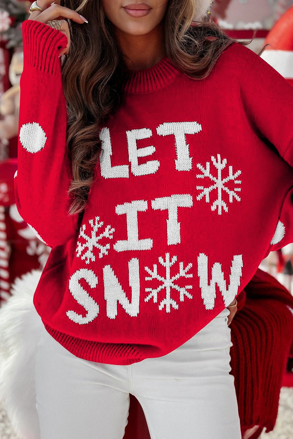 Red Dahlia LET IT SNOW Graphic Christmas Holiday Loose Sweater - Goddess Vibes