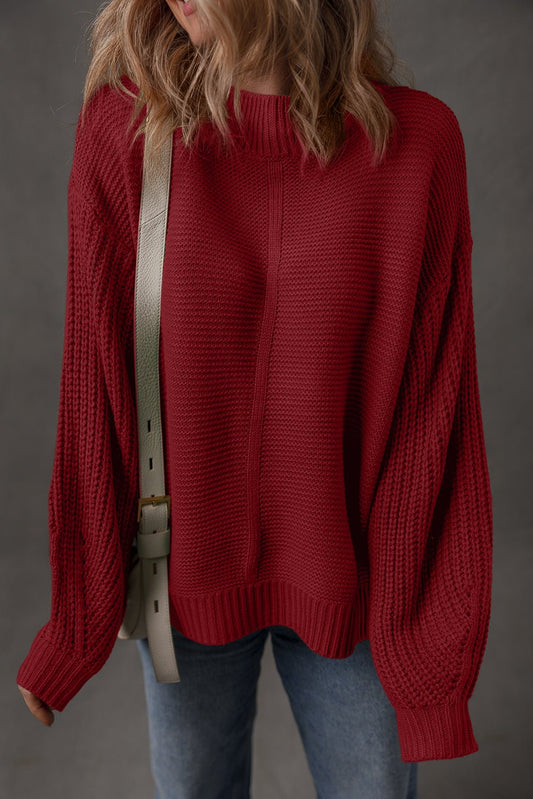 Red Dahlia Solid Color Front Seam Drop Shoulder Loose Sweater - Crowned Energy CO.