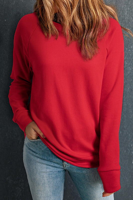 Red Solid Round Neck Raglan Sleeve Sweatshirt - Goddess Vibes