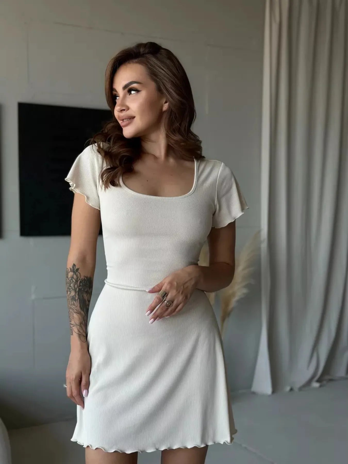 Ribbed Back Lace Up Short Sleeve Mini Dress - Goddess Vibes