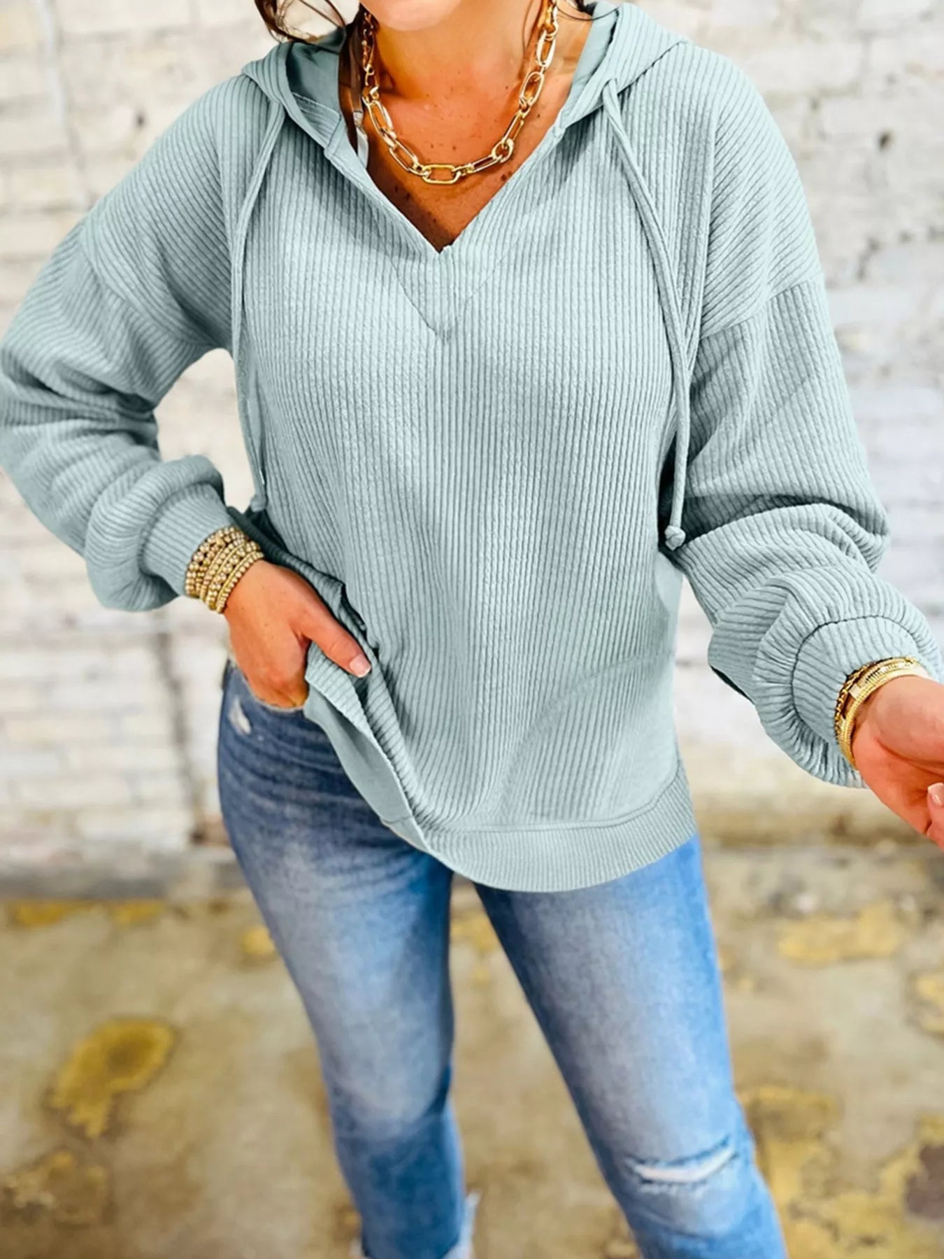 Ribbed Drop Shoulder Knit Hoodie - Goddess Vibes