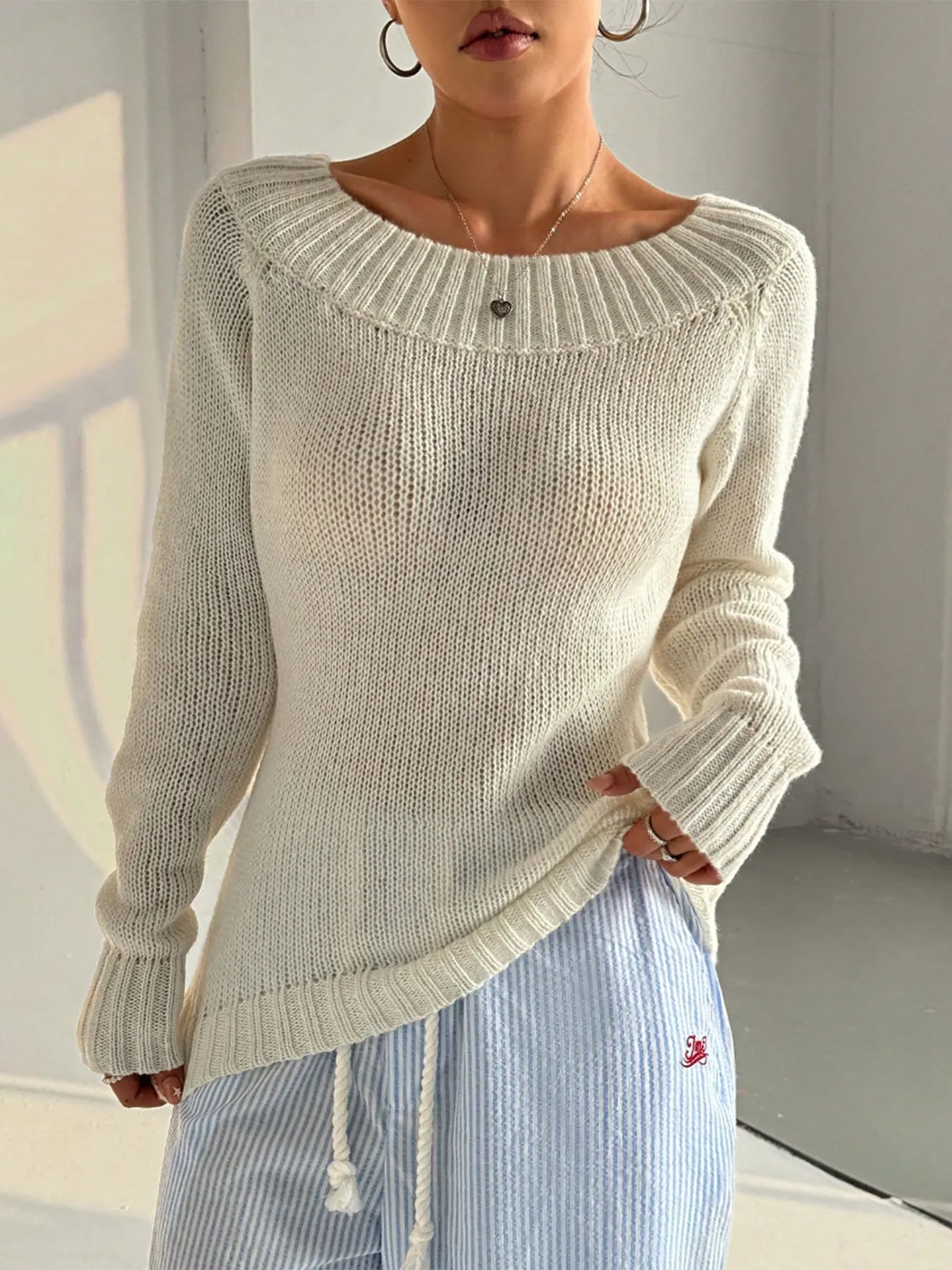 Ribbed Knit Boat Neck Sweater - Goddess Vibes