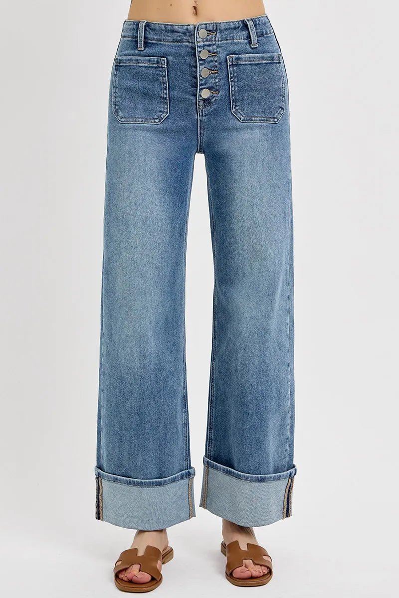 RISEN High Rise Ankle Wide Button Patch Pocket Cuffed Jeans - Goddess Vibes
