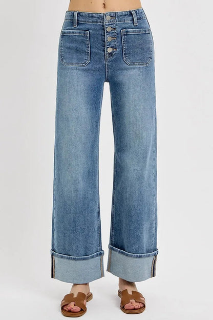 RISEN High Rise Ankle Wide Button Patch Pocket Cuffed Jeans - Goddess Vibes