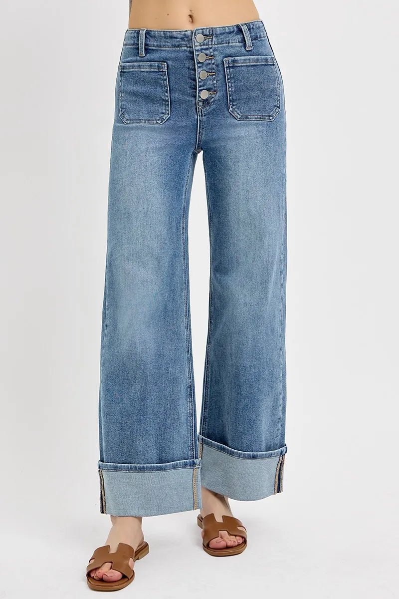 RISEN High Rise Ankle Wide Button Patch Pocket Cuffed Jeans - Goddess Vibes
