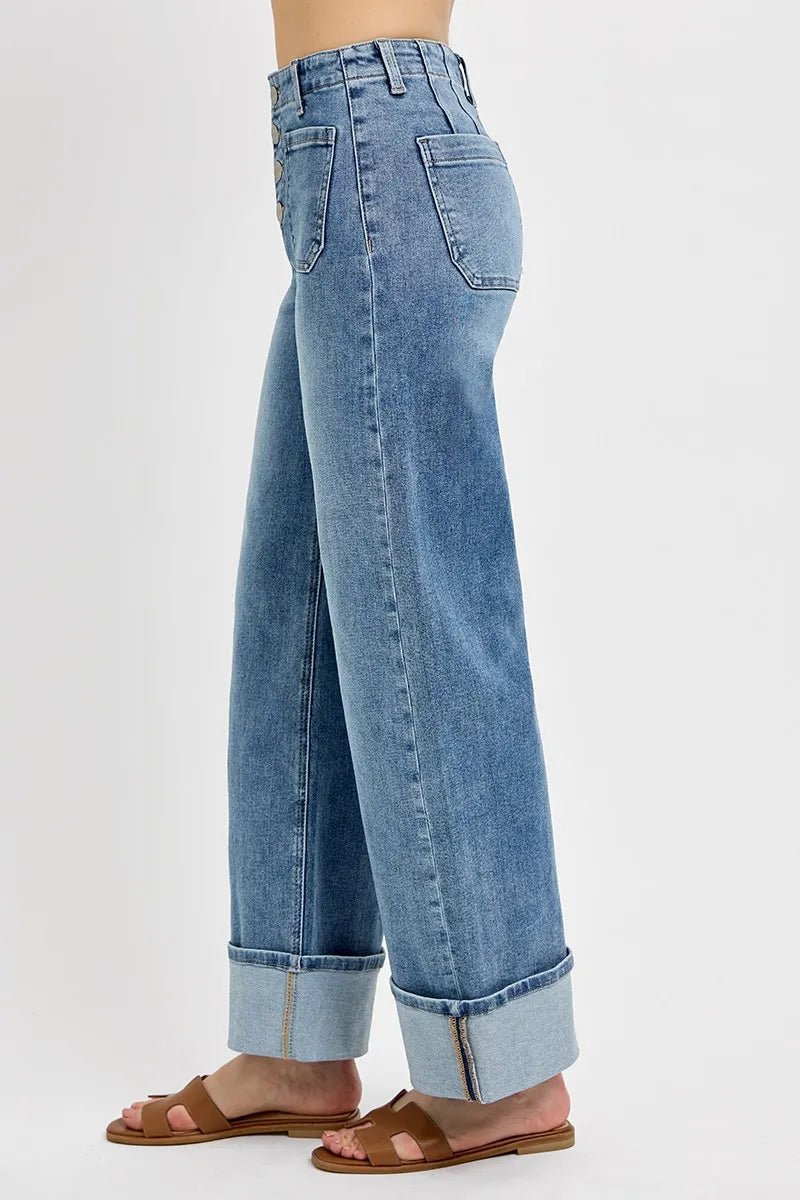 RISEN High Rise Ankle Wide Button Patch Pocket Cuffed Jeans - Goddess Vibes
