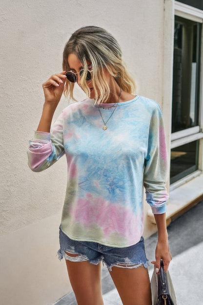 Round Neck Tie Dye Open Back Loose Sweatshirt - Goddess Vibes