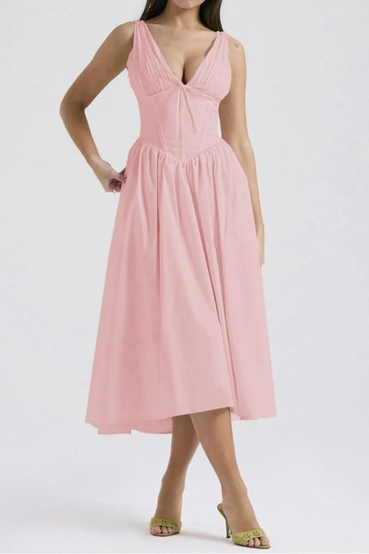 Ruched V - Neck Sleeveless Dress with Pockets - Crowned Energy CO.