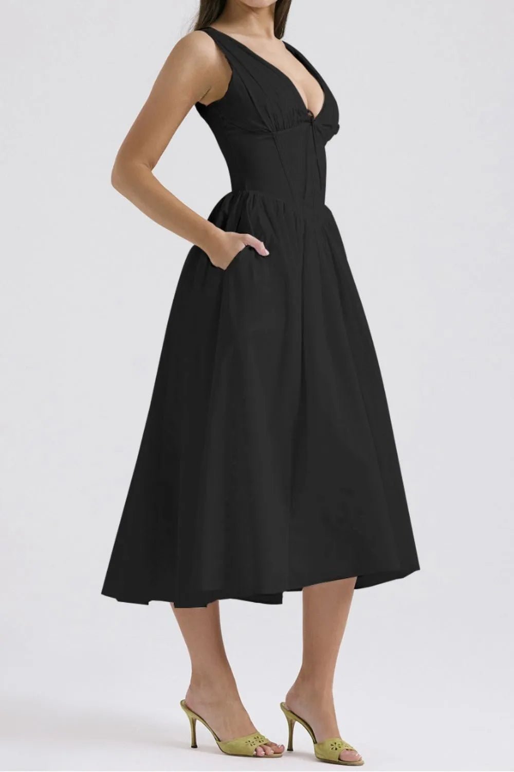 Ruched V - Neck Sleeveless Dress with Pockets - Crowned Energy CO.